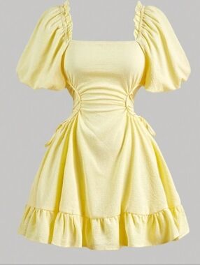 SHEIN Yellow Puff Sleeve Mini Dress